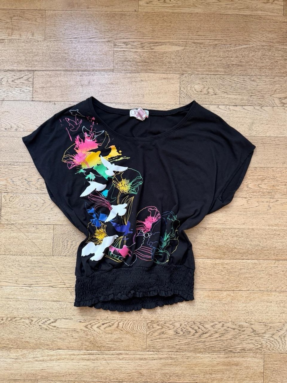 Y2K Indie Sleaze OP Floral Bird Graphic Blouson Top